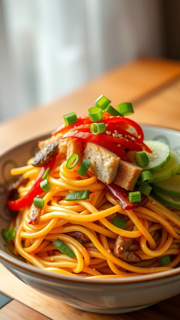 Aesthetic bowl of noodles with vegetables and protein, garnished with green onions and sesame seeds.